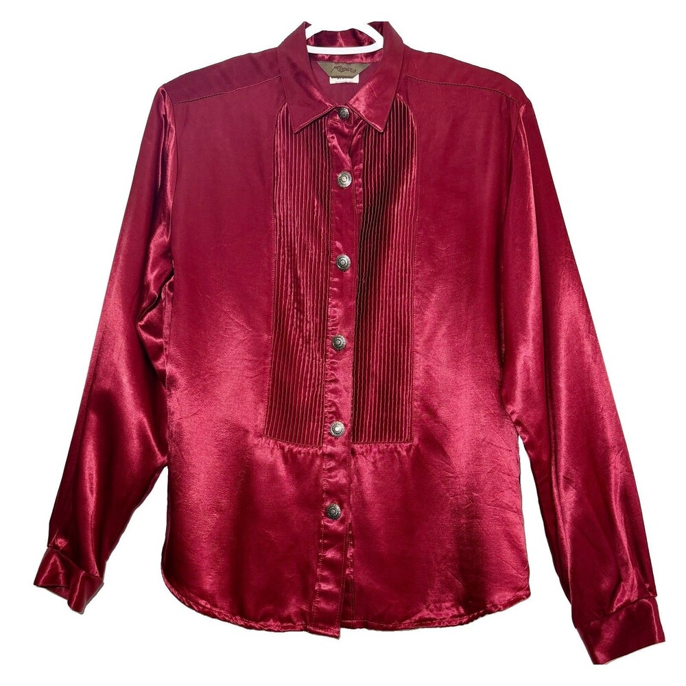 Vintage Roper Western Satin Blouse Women’s M Red Pleated Tuxedo Concho USA